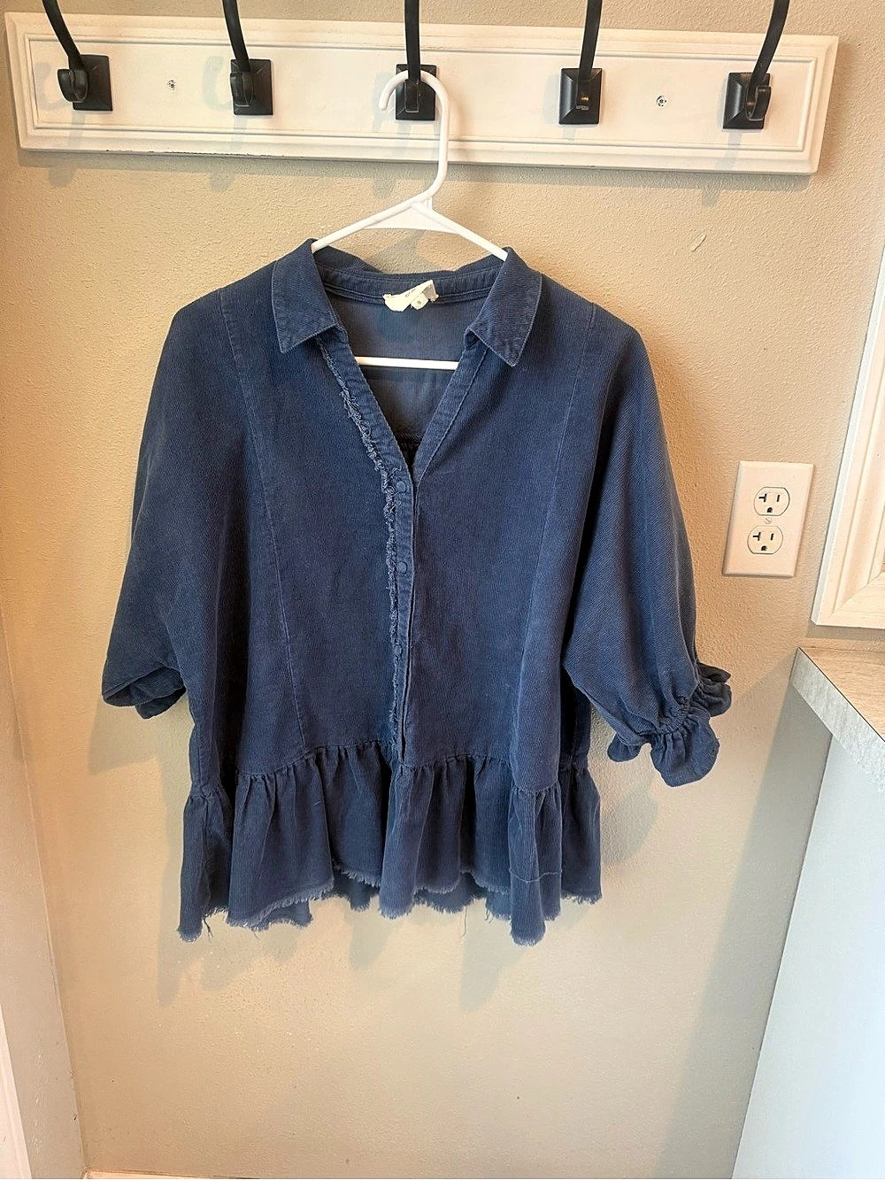 Umgee Corduroy Ruffle Button-Down Top Cotton Blue Small